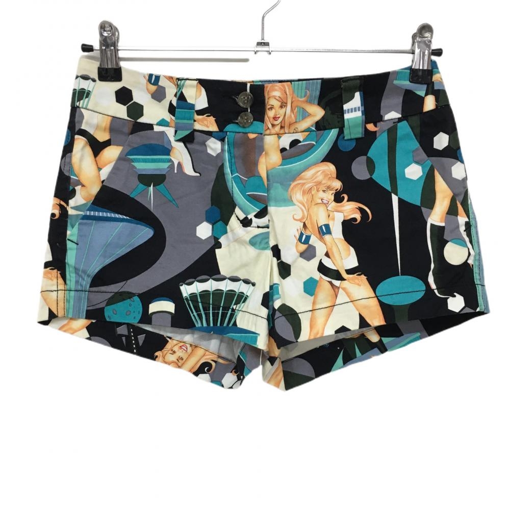 【美品】ラウドマウス ショートパンツ 黒×ライトブルー 総柄 女性  レディース US O ゴルフウェア LOUDMOUTH
