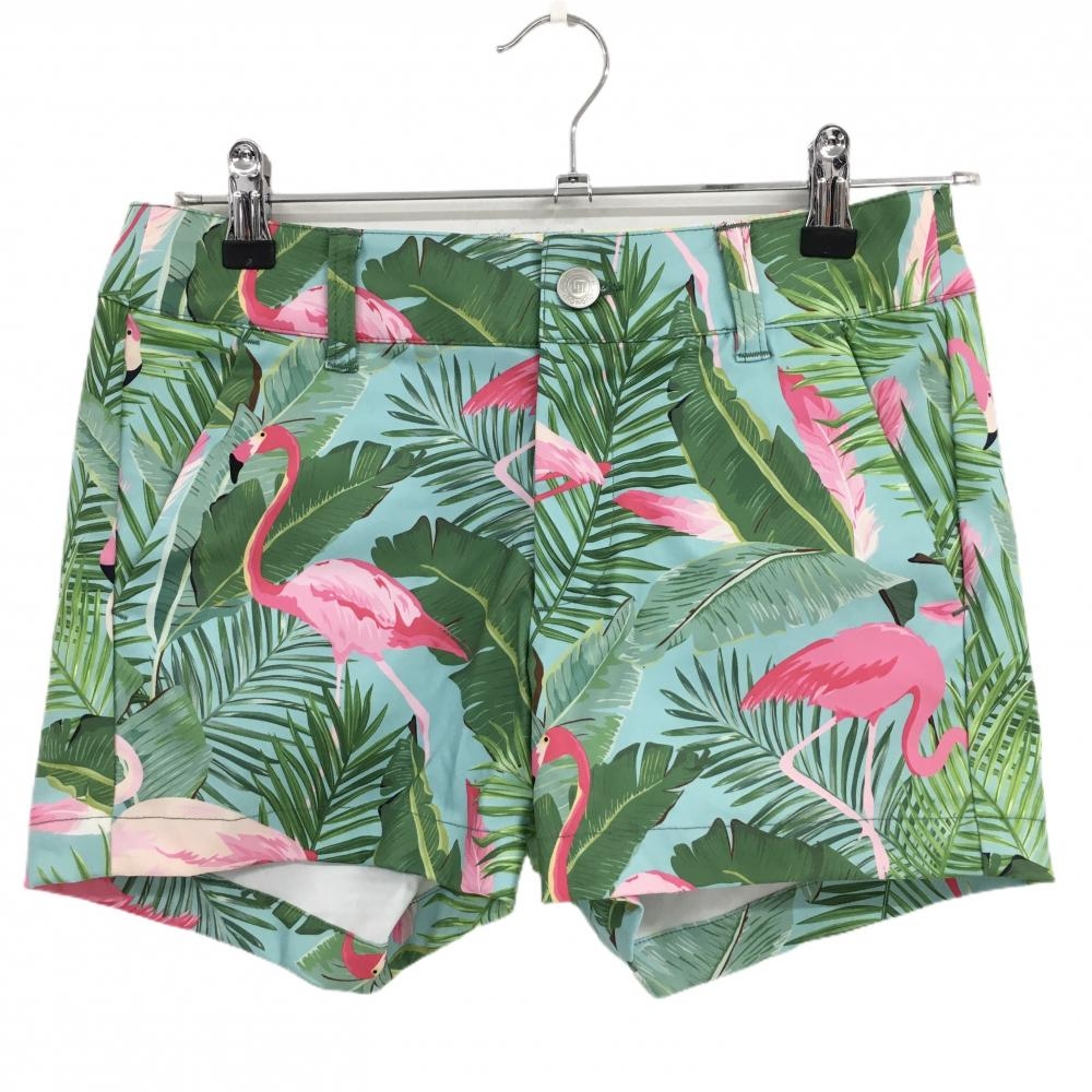 【超美品】ラウドマウス ショートパンツ グリーン×ピンク リーフ・フラミンゴ総柄   レディース M ゴルフウェア LOUDMOUTH