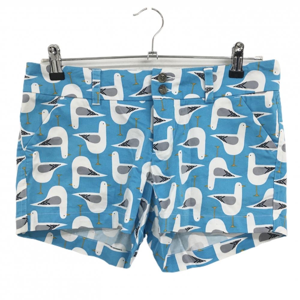 【美品】ラウドマウス ショートパンツ ライトブルー×白 鳥総柄 ロゴ刺しゅう レディース US-4(XL) ゴルフウェア LOUDMOUTH