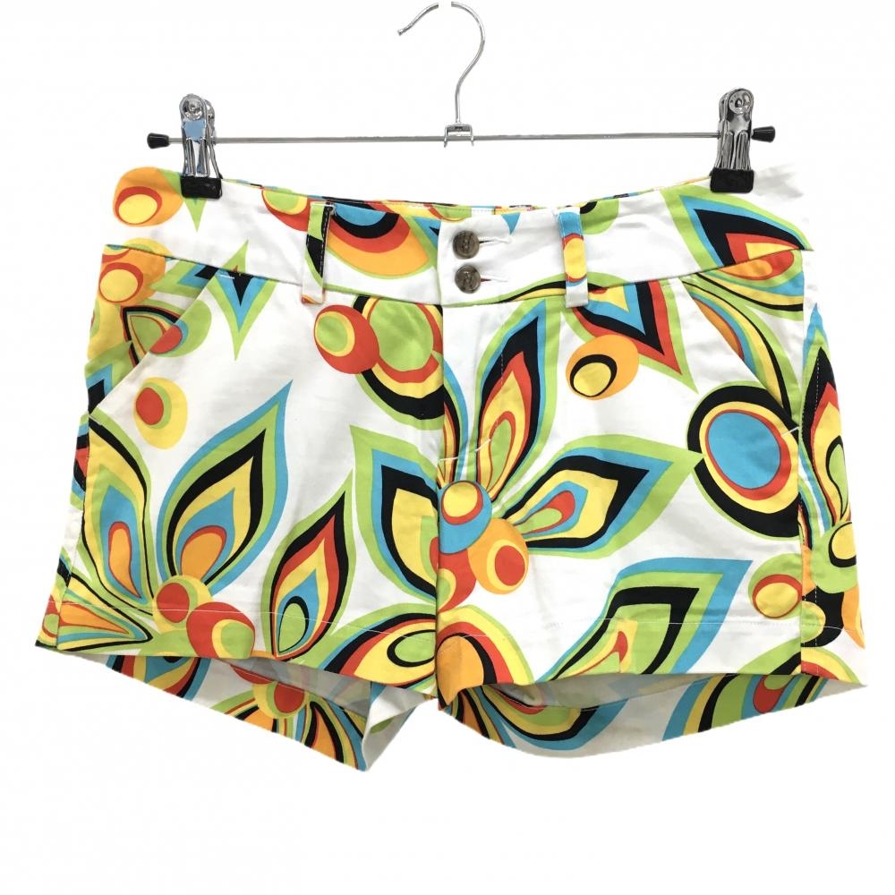 ラウドマウス ショートパンツ 白×ライトグリーン 総柄 シャガデリックホワイト レディース US-2(L) ゴルフウェア LOUDMOUTH