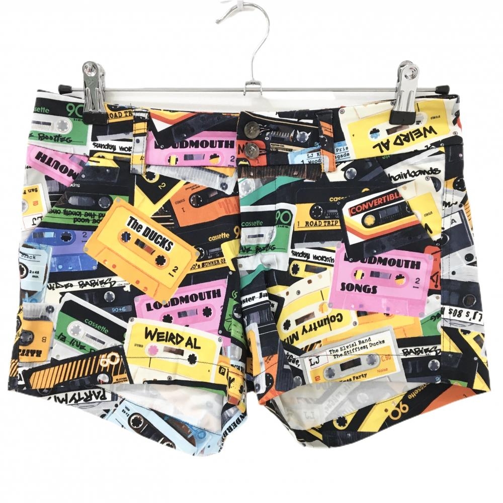 【超美品】ラウドマウス ショートパンツ 黒×マルチカラー 総柄 カセットテープ レディース M ゴルフウェア LOUDMOUTH