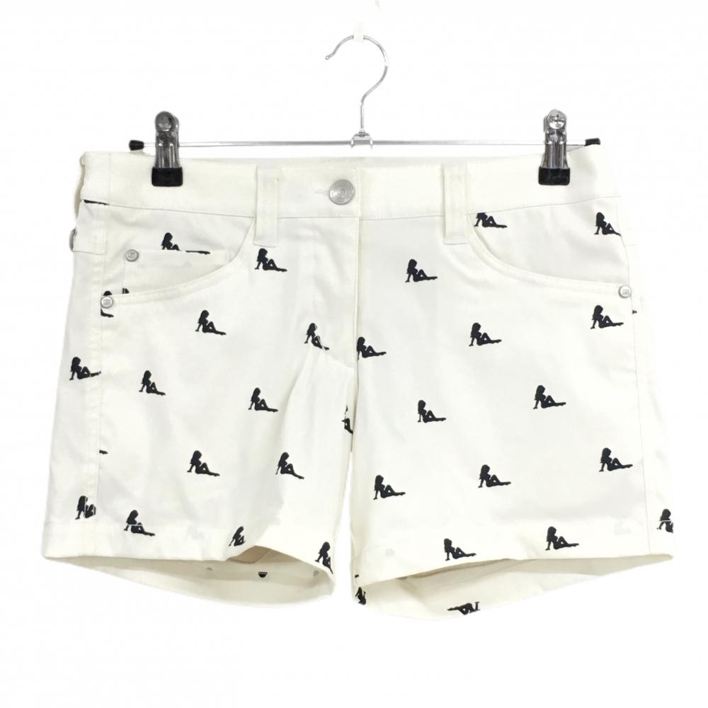【超美品】ラウドマウス ショートパンツ 白×黒 女性シルエット柄 バックロゴ レディース L ゴルフウェア LOUDMOUTH