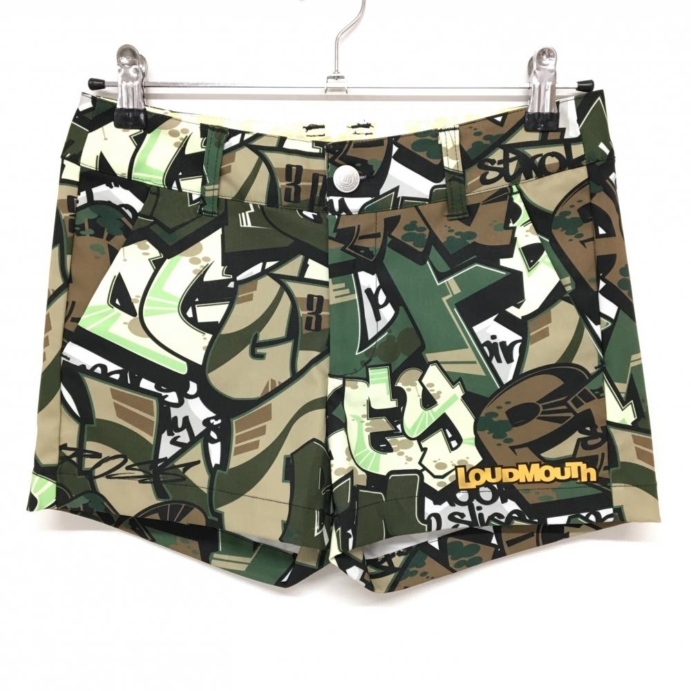 【超美品】ラウドマウス ショートパンツ カーキ×ブラウン アーミーゴルフ柄 バックロゴ レディース M ゴルフウェア LOUDMOUTH