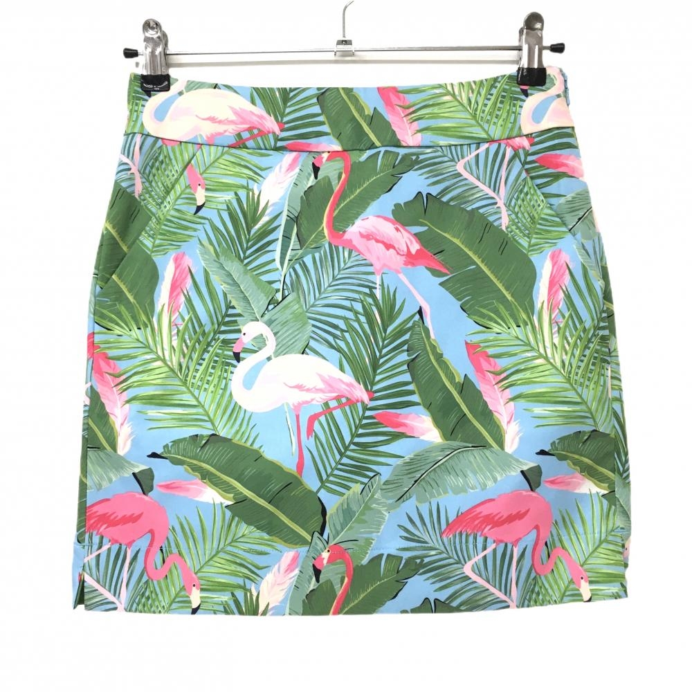 【超美品】ラウドマウス スカート ライトブルー×グリーン×ピンク フラミンゴ柄 リーフ柄  レディース US-00 ゴルフウェア LOUDMOUTH