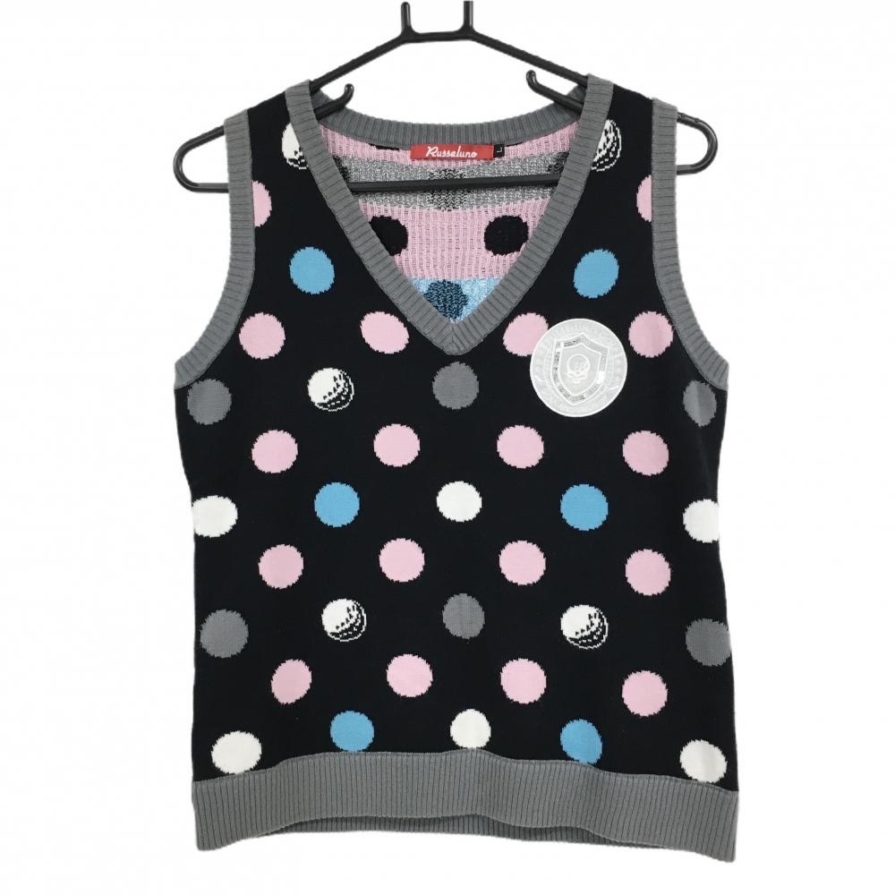 【美品】ラッセルノ ニットベスト 黒×グレー×ピンク ドット  レディース L ゴルフウェア RUSSELUNO
