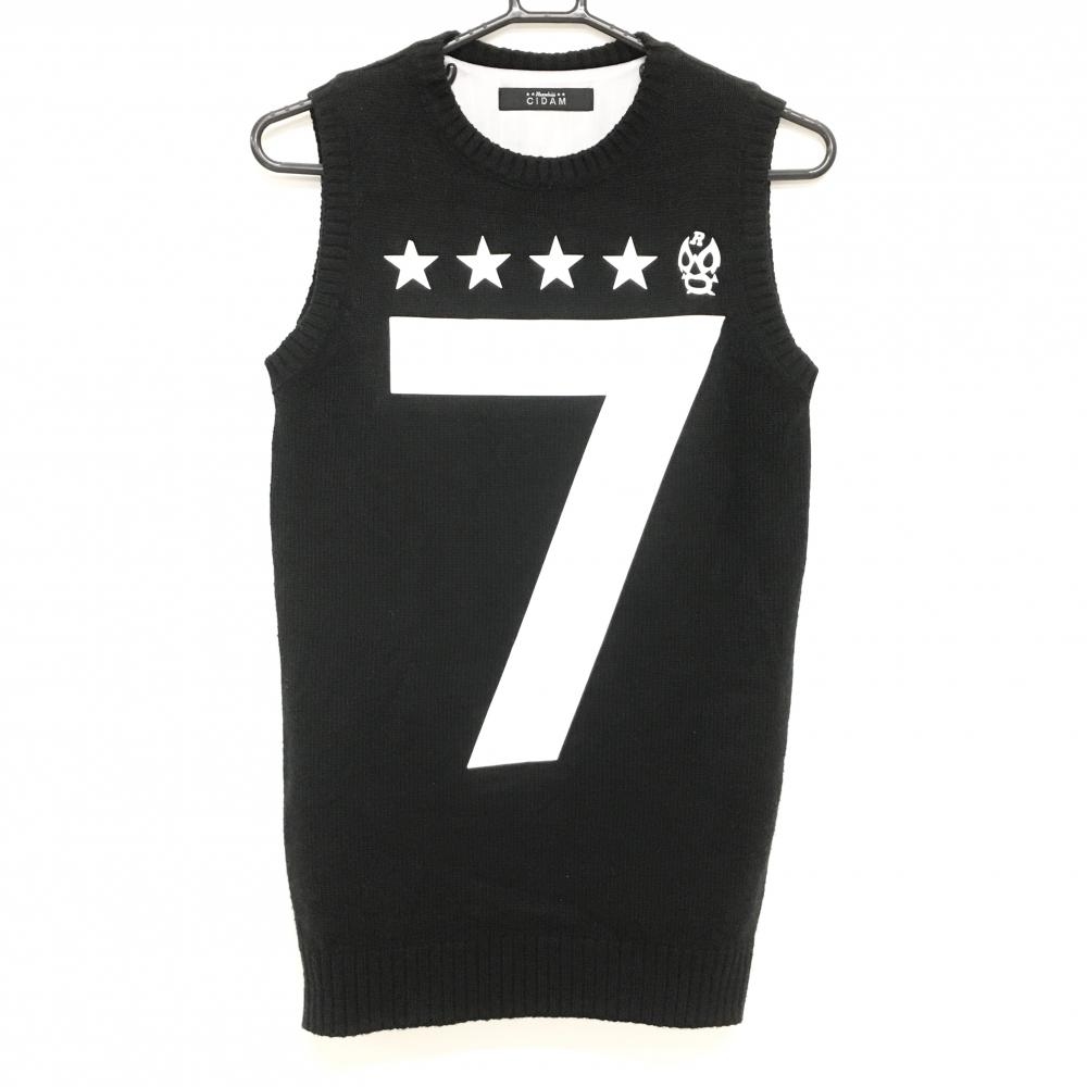 【美品】ラッセルノCIDAM ニットベスト 黒×白 ルチャマスク 蓄熱裏地 CIDAM レディース 1(M) ゴルフウェア RUSSELUNO