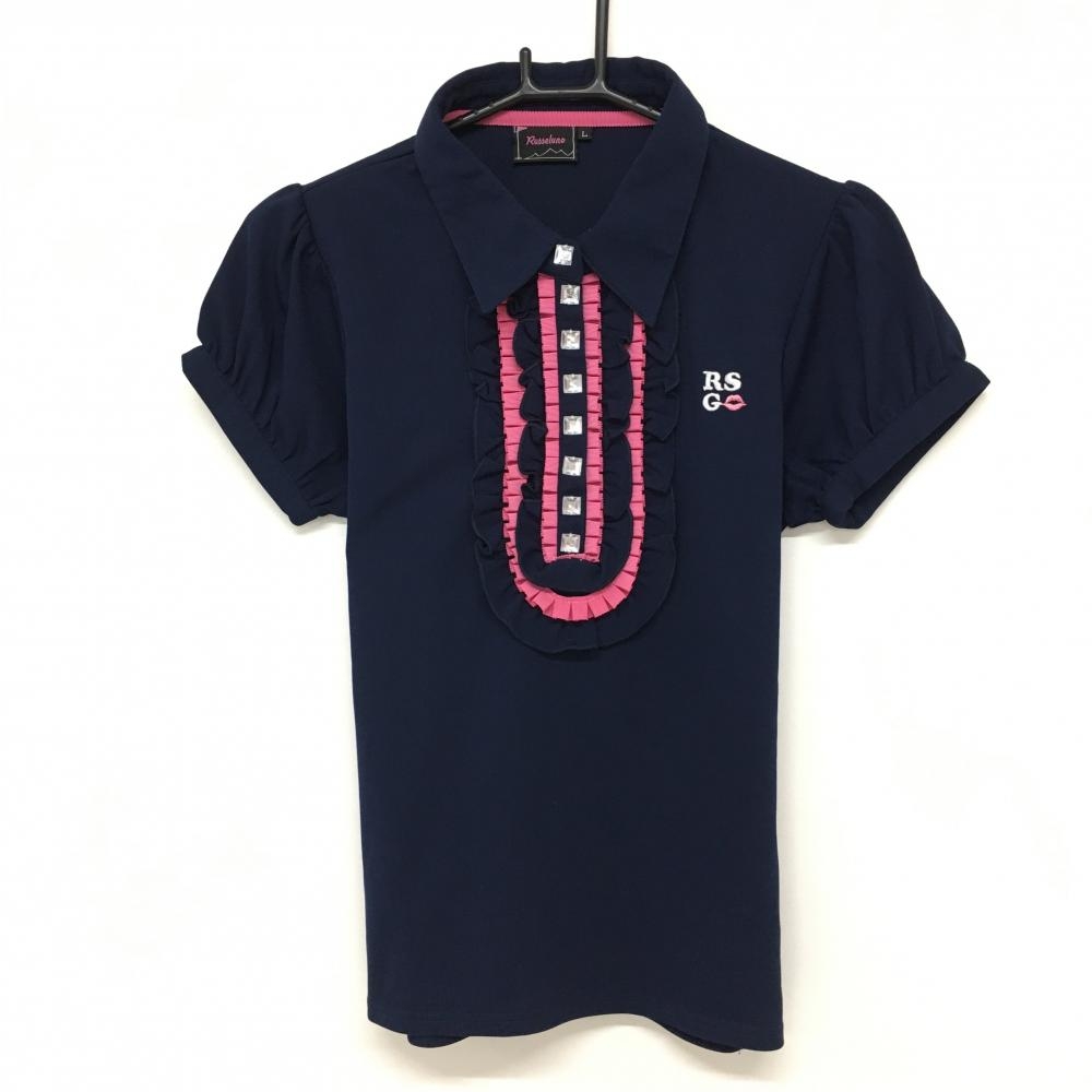 【超美品】ラッセルノ 半袖ポロシャツ ネイビー×ピンク 前立てフリル スナップボタン レディース L ゴルフウェア RUSSELUNO 画像