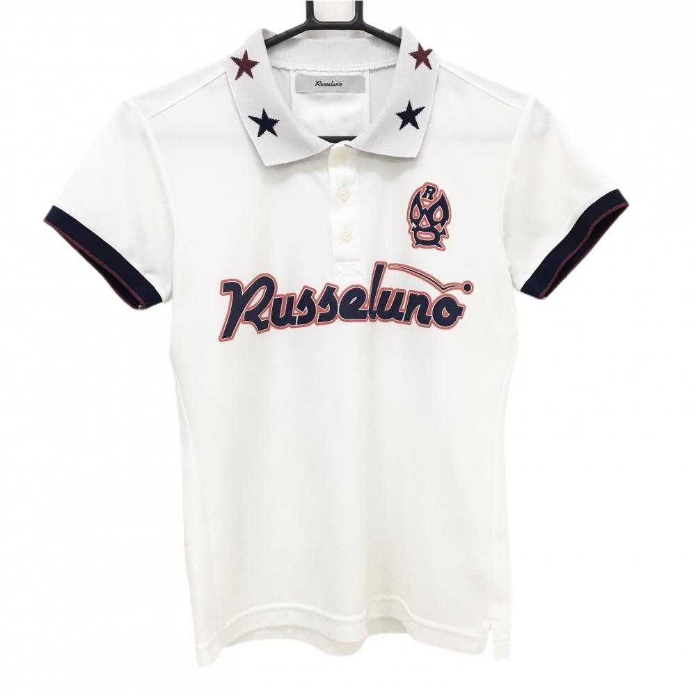 【美品】ラッセルノ 半袖ポロシャツ 白×ネイビー ルチャマスク 襟星 レディース 1(M) ゴルフウェア RUSSELUNO
