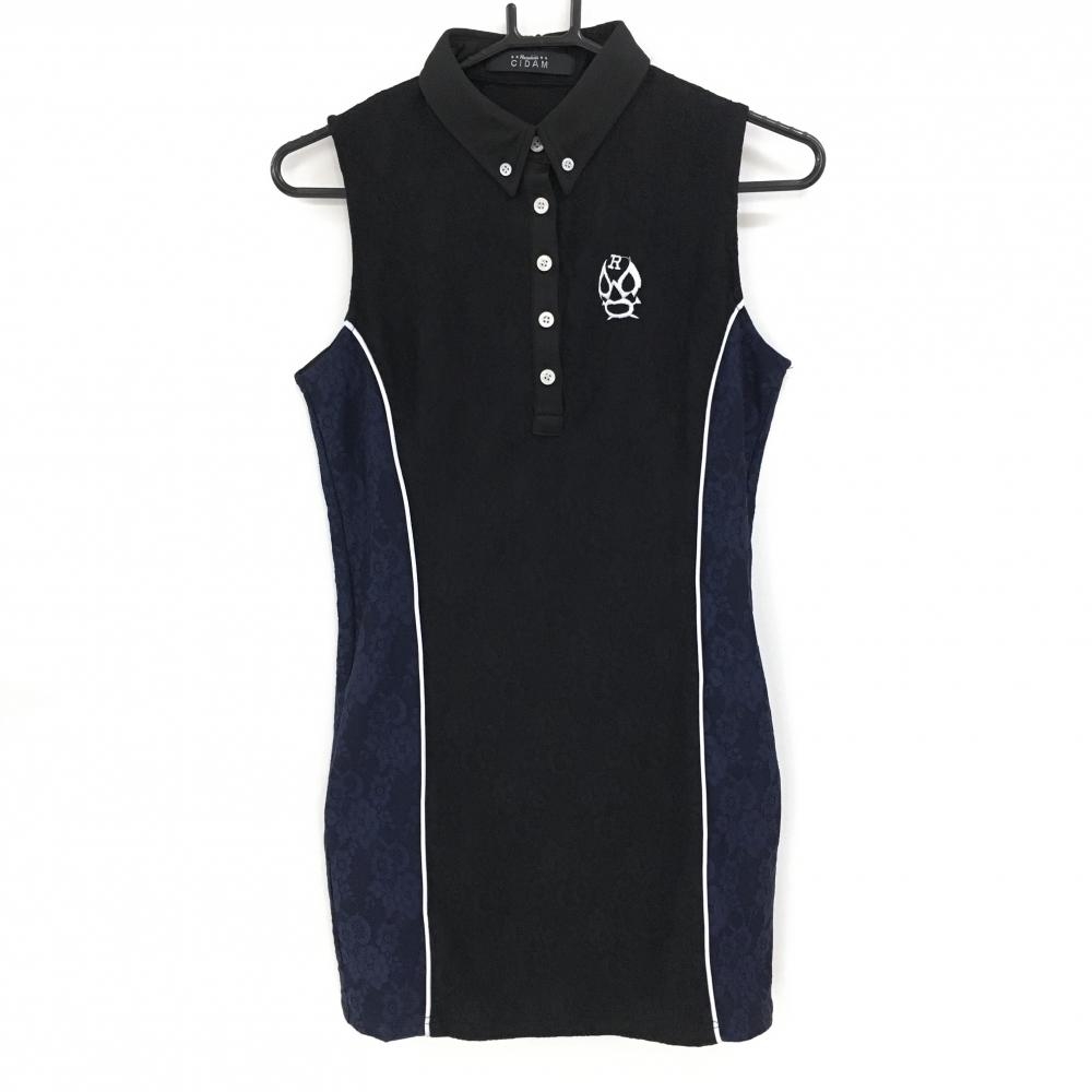 【美品】ラッセルノ ノースリーブポロワンピース 黒×ネイビー 表地レース ルチャ レディース 0(S) ゴルフウェア RUSSELUNO