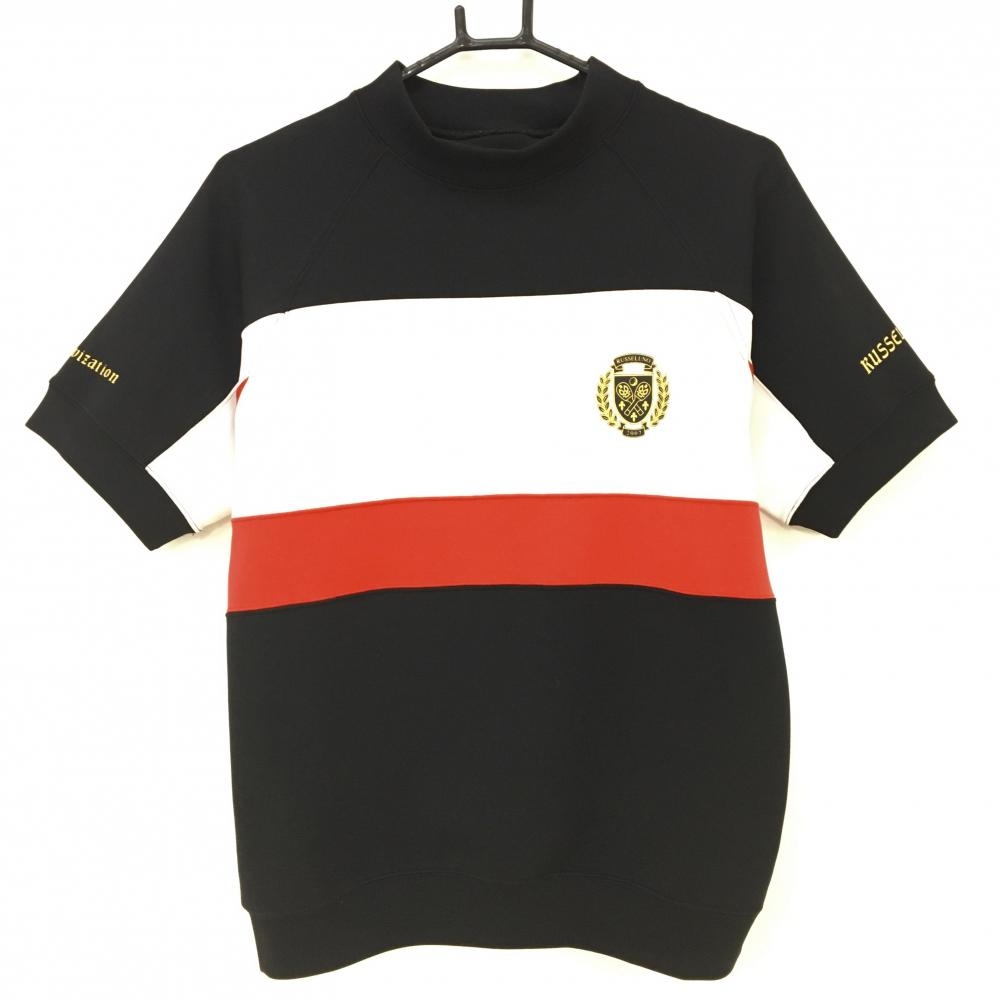 【美品】ラッセルノ 半袖ハイネックシャツ 黒×白×レッド ルチャ ダンボールニット レディース 0(S) ゴルフウェア RUSSELUNO