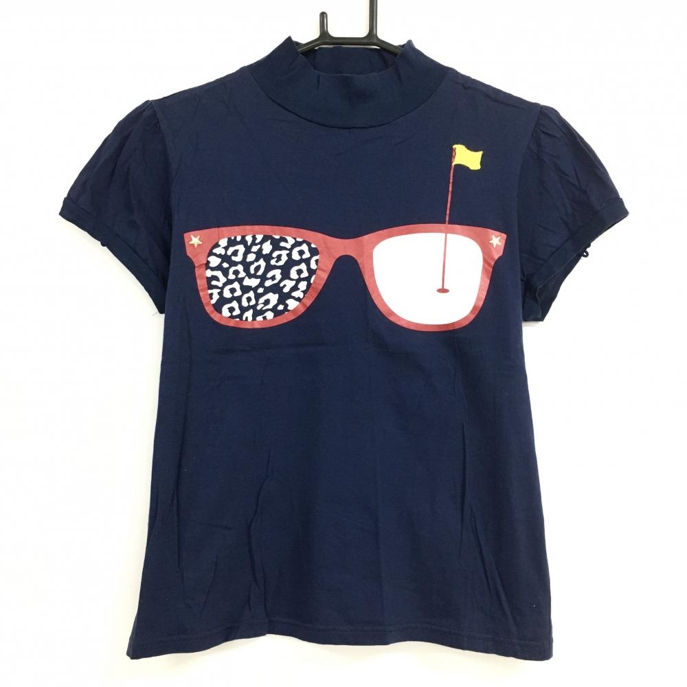 【美品】ラッセルノ 半袖ハイネックシャツ ネイビー 眼鏡 袖口リブ レディース 2(L) ゴルフウェア RUSSELUNO