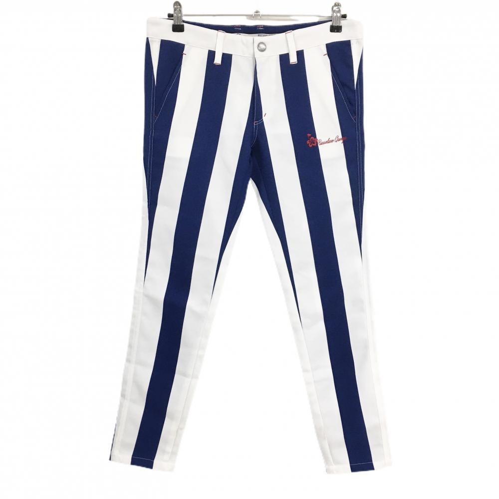 ラッセルノGaeega パンツ 白×ブルー ストライプ ストレッチ  レディース 2(L) ゴルフウェア RUSSELUNO