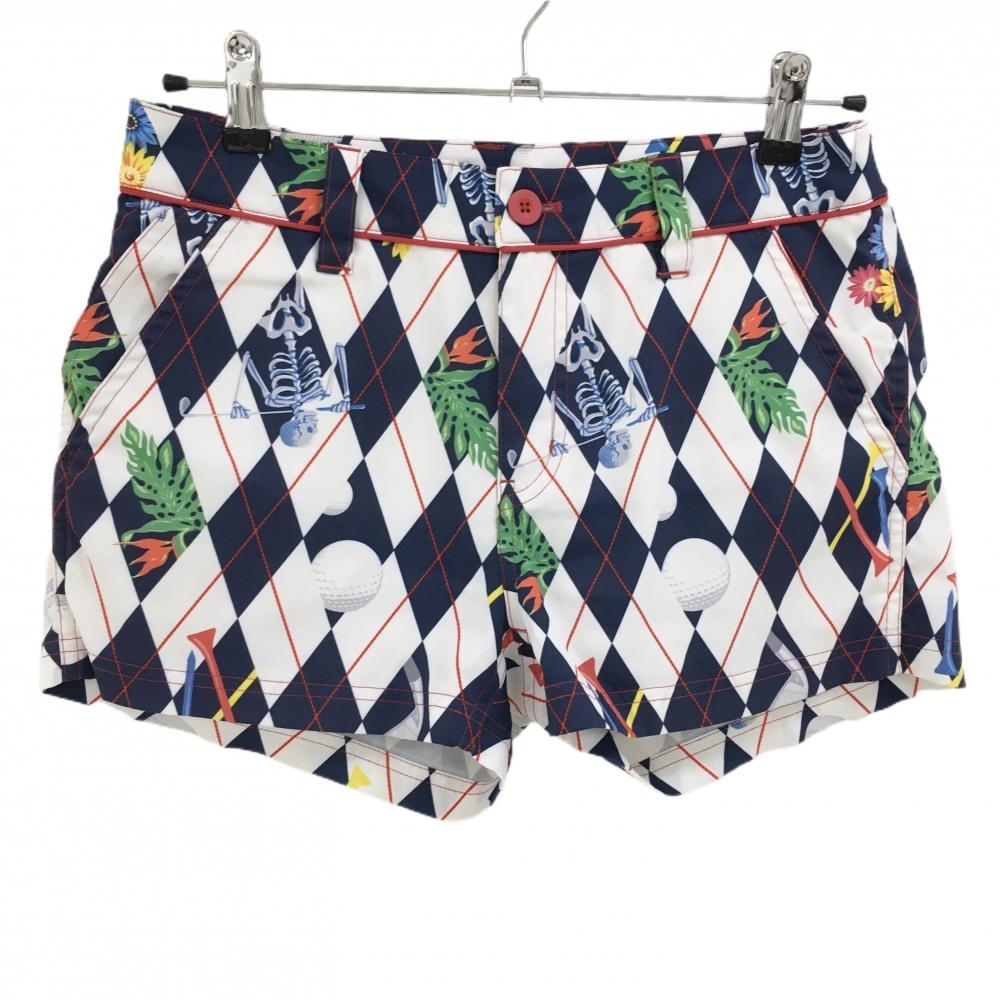ラッセルノ ショートパンツ 白×ネイビー 総柄 スカル ボール 花 レディース 1(M) ゴルフウェア RUSSELUNO