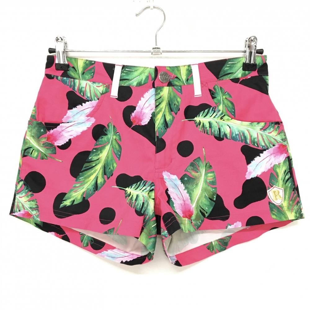 【超美品】ラッセルノ ショートパンツ ピンク×グリーン リーフ・フェザー総柄 ストレッチ レディース 0(S) ゴルフウェア RUSSELUNO