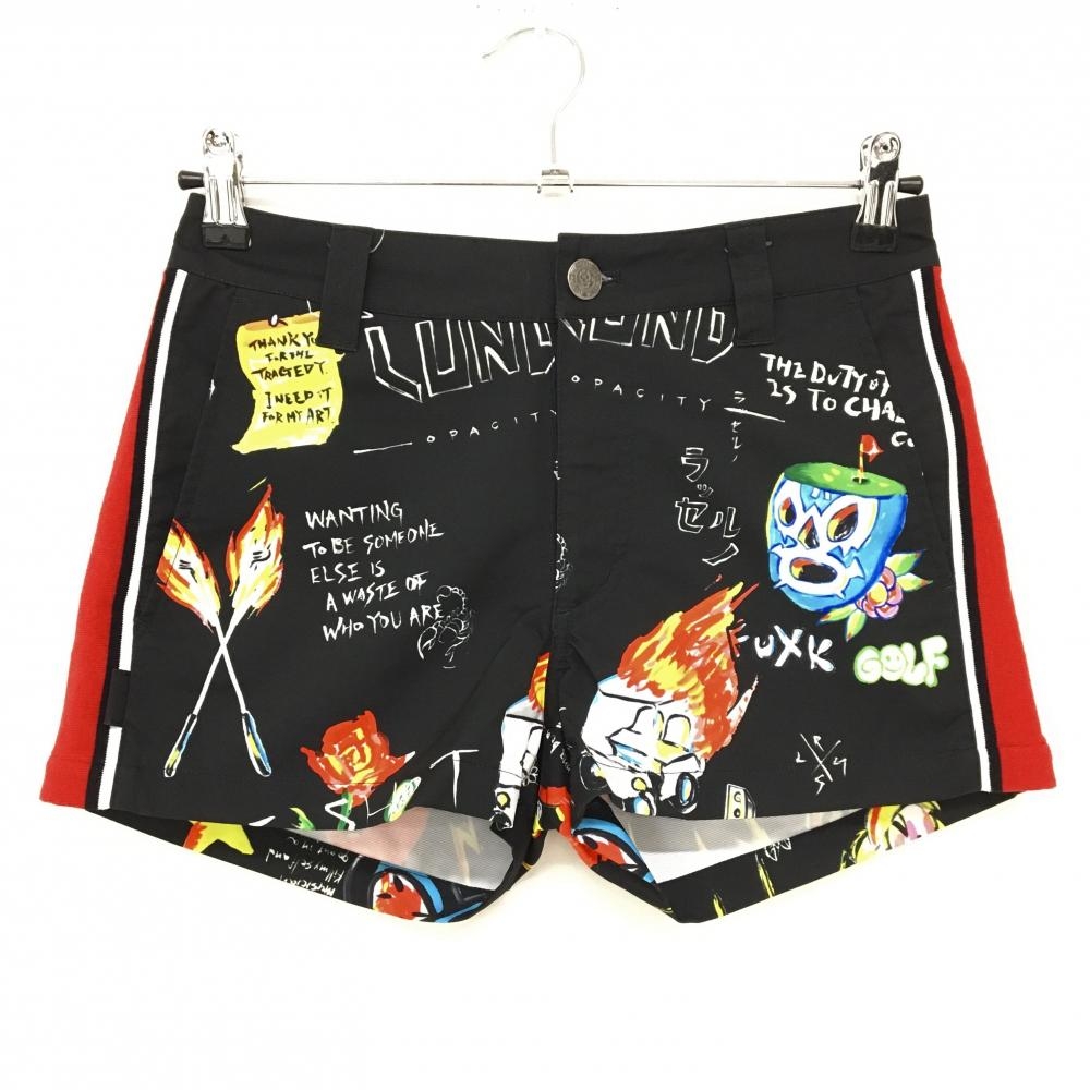 【超美品】ラッセルノ ショートパンツ 黒×マルチカラー 総柄 ルチャマスク ストレッチ レディース 0(S) ゴルフウェア RUSSELUNO
