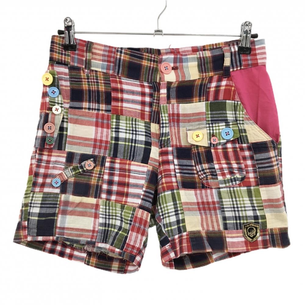 ラッセルノ ショートパンツ レッド×ネイビー パッチワーク風 ボタン  レディース M ゴルフウェア RUSSELUNO