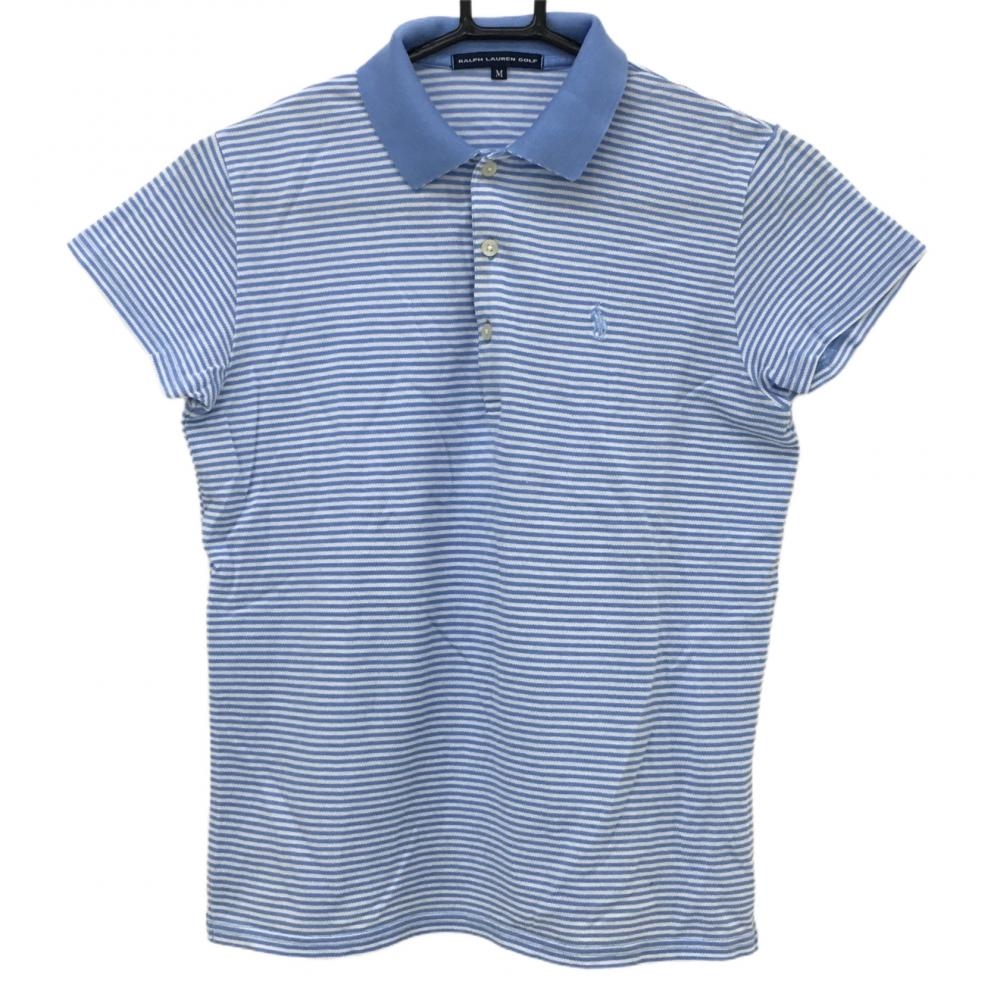 ラルフローレン 半袖ポロシャツ ライトブルー×白 ボーダー柄 ロゴ刺しゅう  レディース M ゴルフウェア Ralph Lauren 画像
