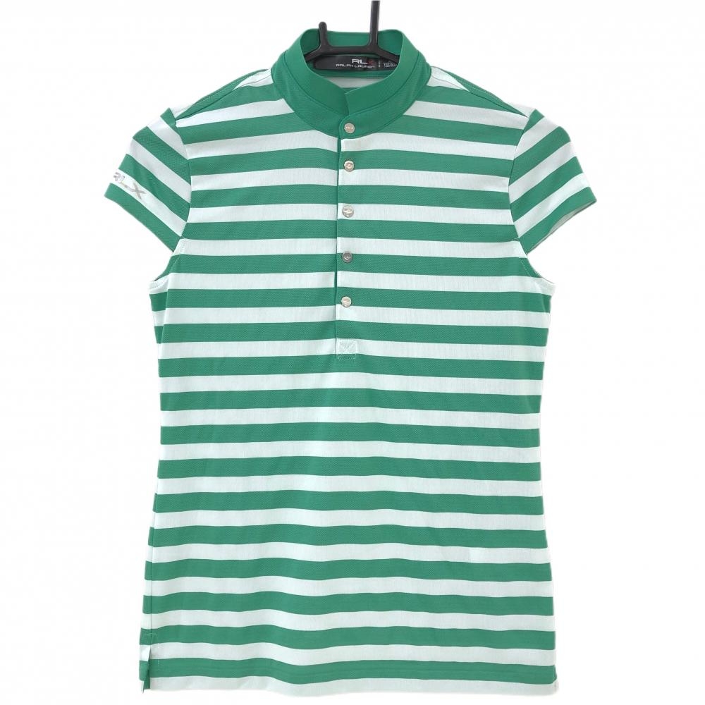 【美品】RLXラルフローレン 半袖ポロシャツ グリーン×白 ボーダー スナップボタン レディース XS ゴルフウェア Ralph Lauren