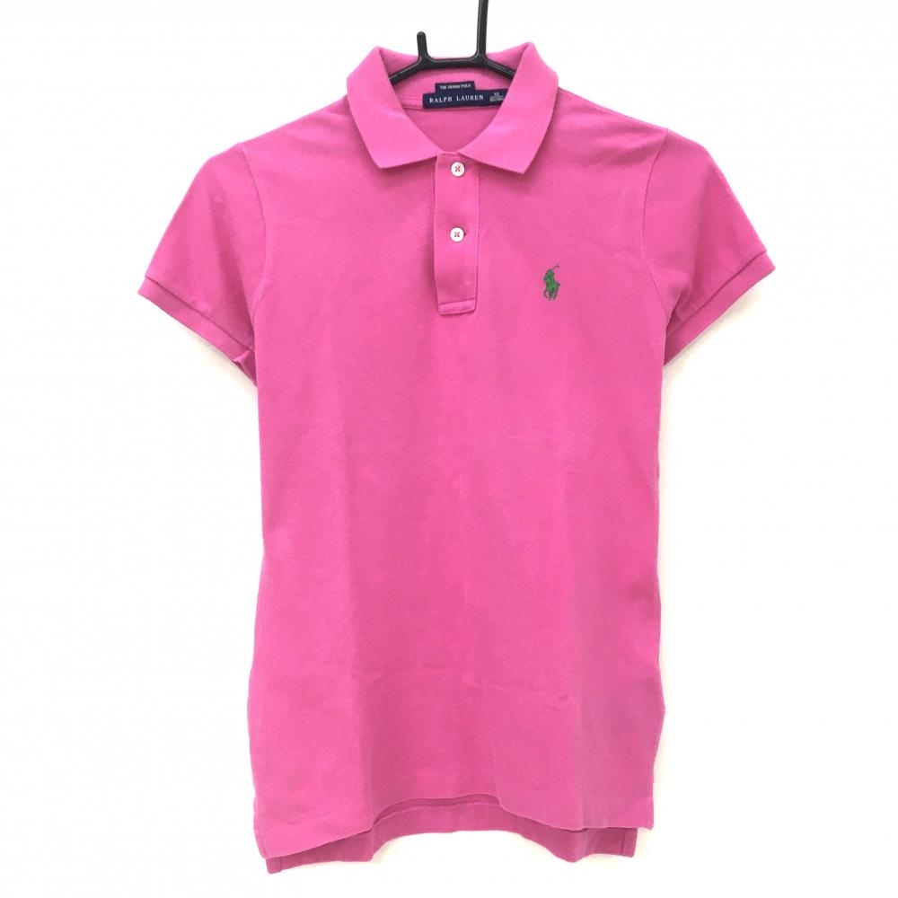 ラルフローレン 半袖ポロシャツ ピンク×グリーン ロゴ刺しゅう ポニー THE SKINNY POLO レディース XS ゴルフウェア Ralph Lauren