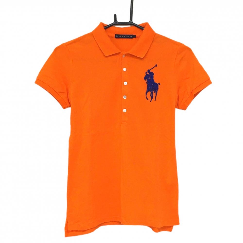ラルフローレン 半袖ポロシャツ オレンジ×ブルー ロゴビーズ レディース L ゴルフウェア Ralph Lauren