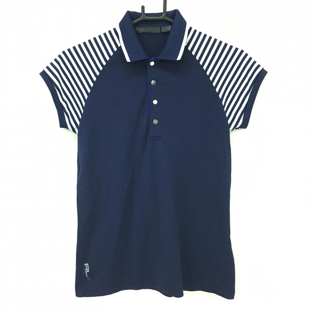 【美品】RLXラルフローレン 半袖ポロシャツ ネイビー×白 袖ボーダー スナップボタン レディース S ゴルフウェア Ralph Lauren