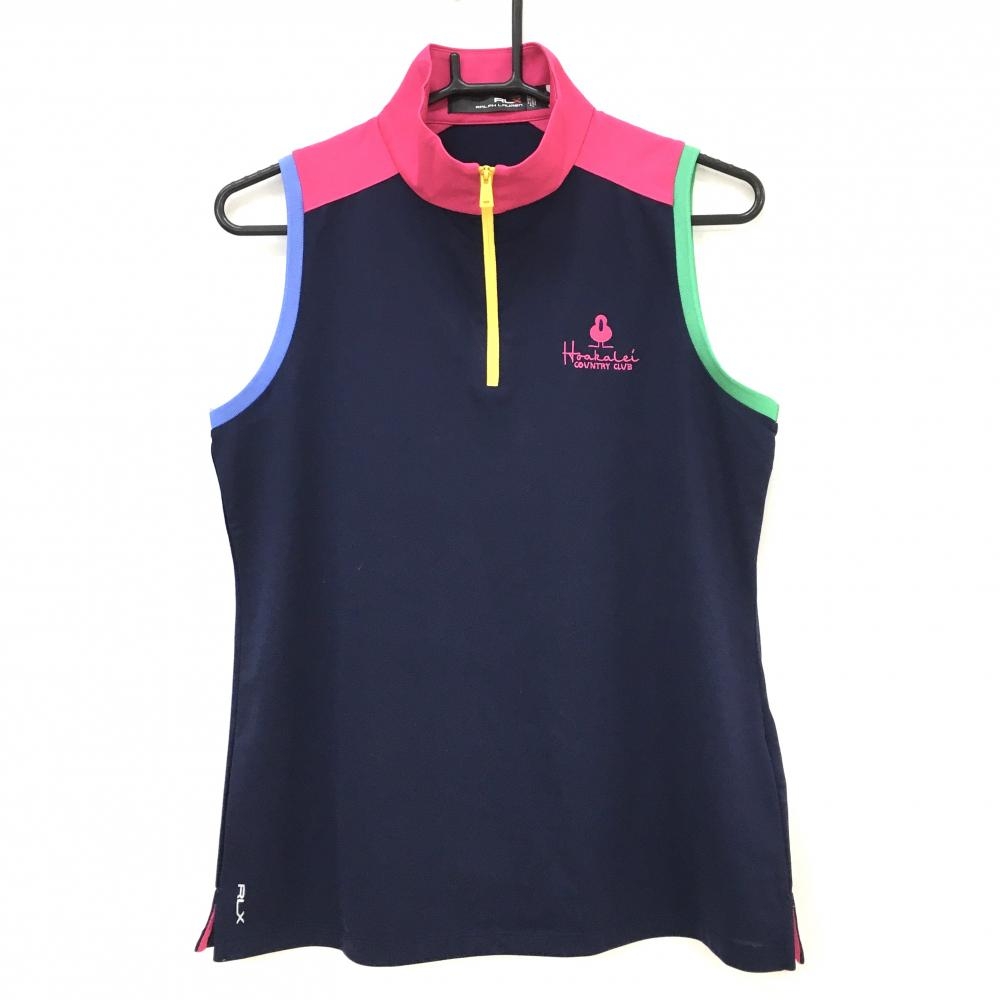 【美品】RLXラルフローレン ノースリーブハイネックシャツ ネイビー×ピンク ハーフジップ レディース M ゴルフウェア Ralph Lauren