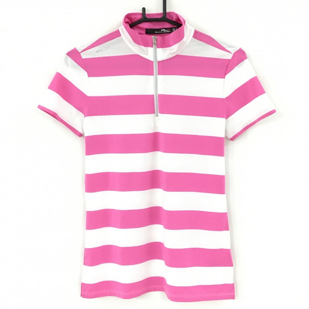 【超美品】RLXラルフローレン 半袖ハイネックシャツ 白×ピンク ボーダー ハーフジップ  レディース XS ゴルフウェア Ralph Lauren