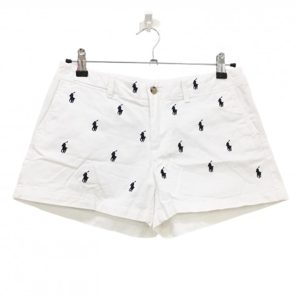 ラルフローレンスポーツ ショートパンツ 白×ネイビー ポニー総柄刺しゅう レディース 4 160/72A ゴルフウェア Ralph Lauren