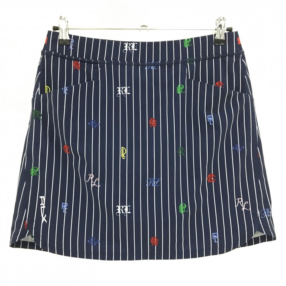 RLXラルフローレン スカート ネイビー×白 ストライプ 総柄 内側インナーパンツ レディース S.P ゴルフウェア Ralph Lauren