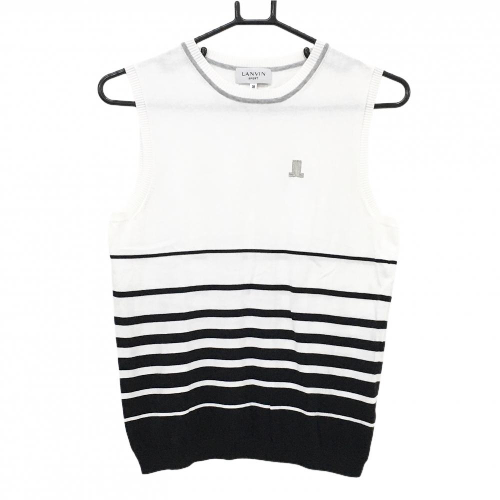 【美品】ランバンスポール ニットベスト 白×黒 裾ボーダー ラメロゴ レディース 38(M) ゴルフウェア LANVIN SPORT