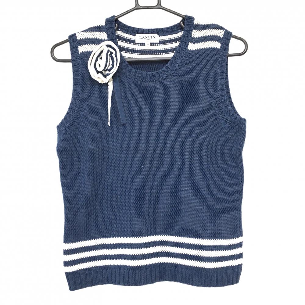 ランバンスポール ニットベスト スモーキーネイビー 肩ボーダー コサージュ付 コットン100％ レディース 38(M) ゴルフウェア LANVIN SPORT