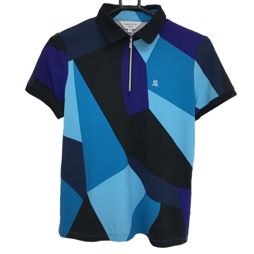 ランバンスポール 半袖ポロシャツ 黒×ブルー 総柄 ハーフジップ ラインストーン  レディース 38(M) ゴルフウェア LANVIN SPORT 画像