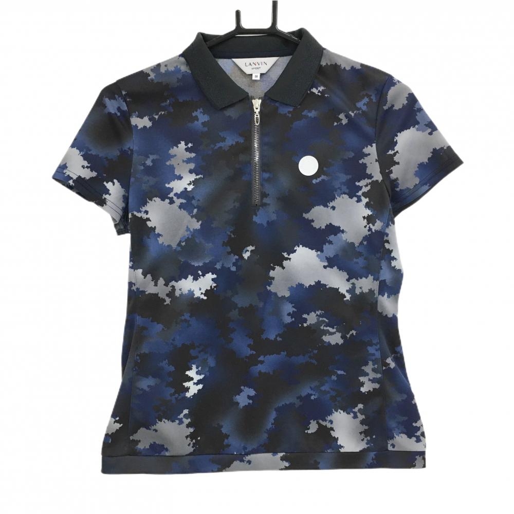 【超美品】ランバンスポール 半袖ポロシャツ ネイビー系×黒×グレー 総柄 ハーフジップ レディース 38(M) ゴルフウェア LANVIN SPORT