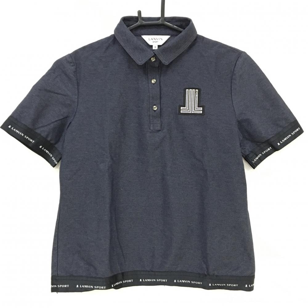 【美品】ランバンスポール 半袖ポロシャツ ネイビー×黒 デニム調 袖口・裾ロゴ レディース 38(M) ゴルフウェア LANVIN SPORT