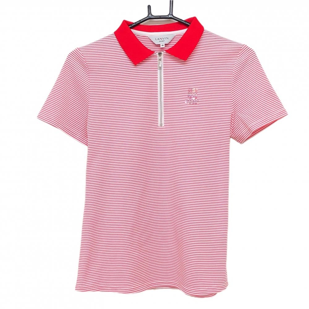 【超美品】ランバンスポール 半袖ポロシャツ ピンク×白 ボーダー ハーフジップ  レディース 38(M) ゴルフウェア LANVIN SPORT