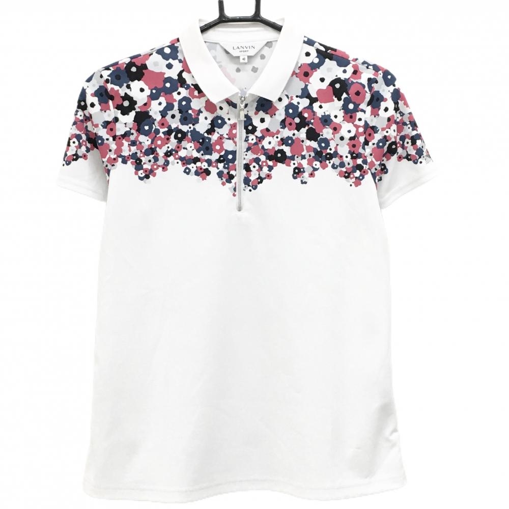 ランバンスポール 半袖ポロシャツ 白×ピンク 上部花柄風 ハーフジップ レディース 40(L) ゴルフウェア LANVIN SPORT
