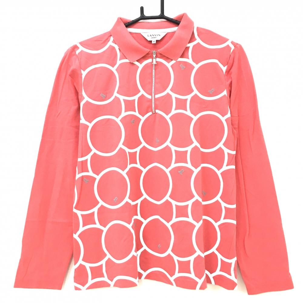 ランバンスポール 長袖ポロシャツ レッドピンク×白 ハーフジップ サークル柄 ロゴ レディース 42(L) ゴルフウェア LANVIN SPORT