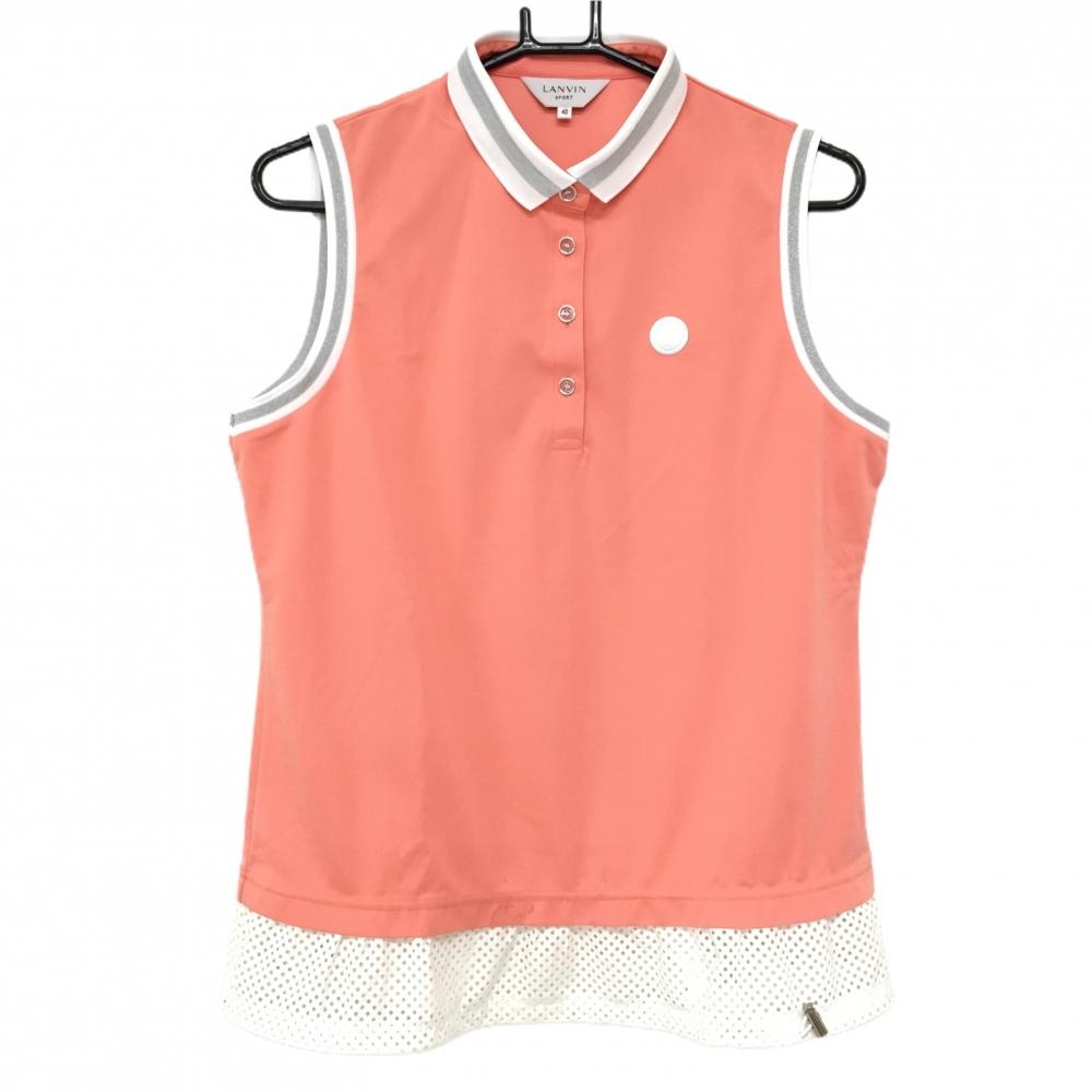 ランバンスポール ノースリーブポロシャツ サーモンピンク×白 ラメライン 裾異素材  レディース 42(XL) ゴルフウェア LANVIN SPORT