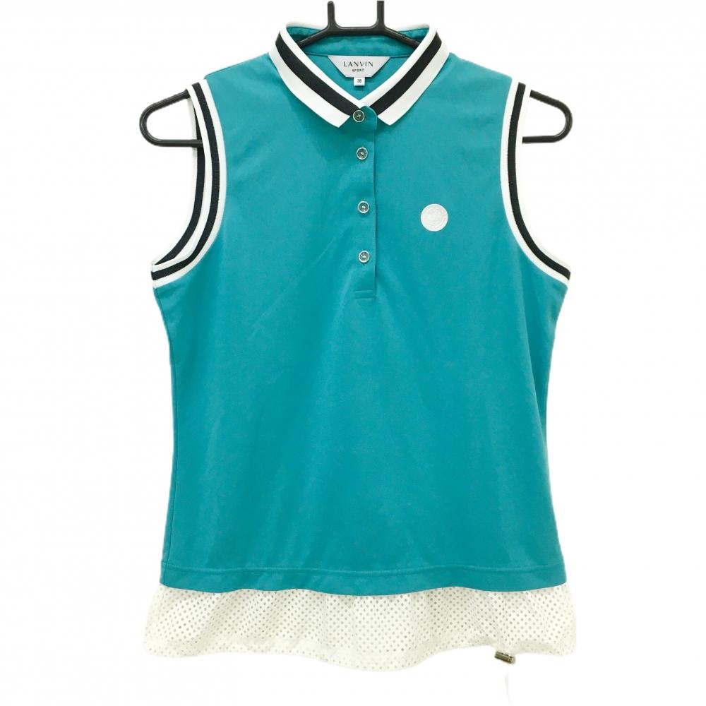 【超美品】ランバンスポール ノースリーブポロシャツ ブルーグリーン×白 裾メッシュ  レディース 38(M) ゴルフウェア LANVIN SPORT
