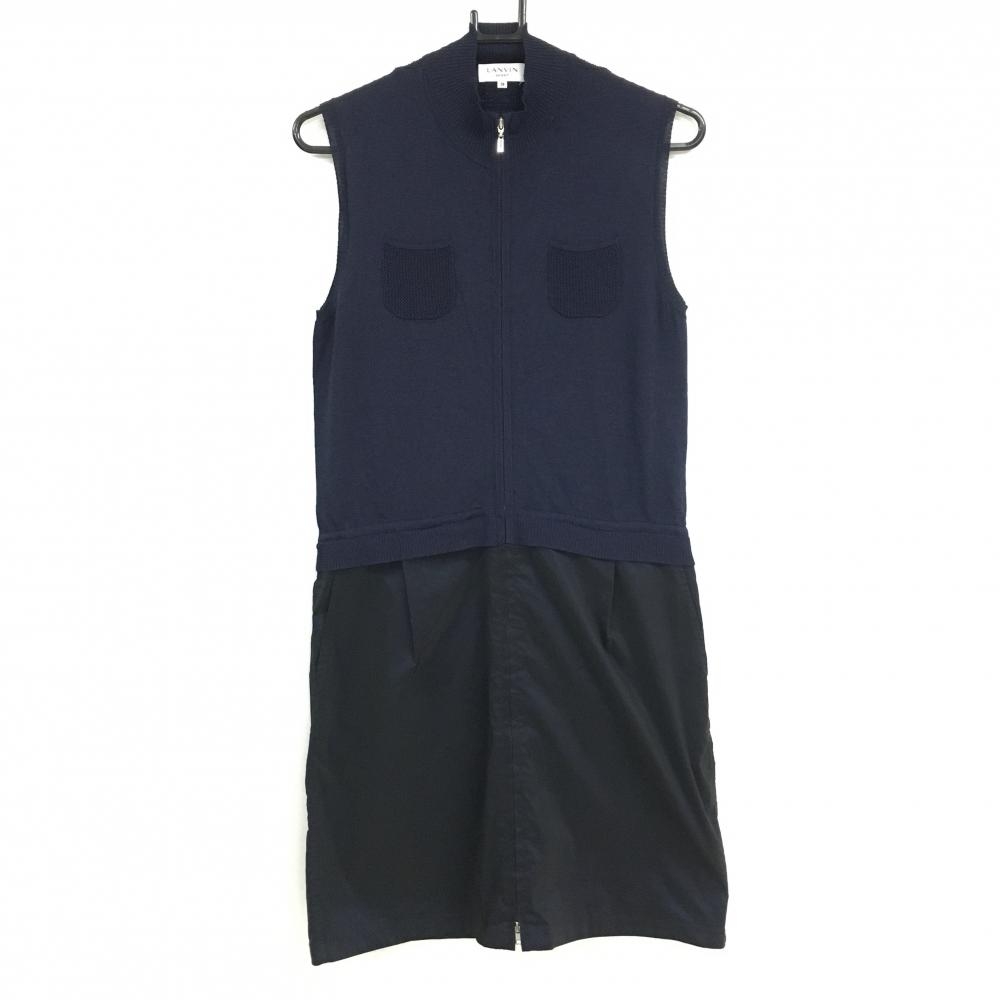 【超美品】ランバンスポール 異素材ノースリーブワンピース ネイビー×ダークネイビー 切替 レディース 38(M) ゴルフウェア LANVIN SPORT