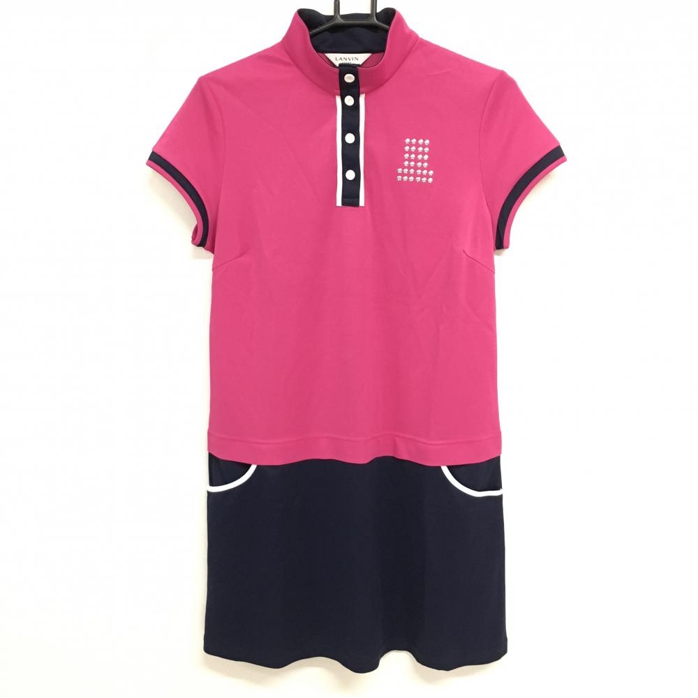 ランバンスポール 半袖ハイネックワンピース ピンク×ネイビー バイカラー スタッズ レディース 42(XL) ゴルフウェア LANVIN SPORT