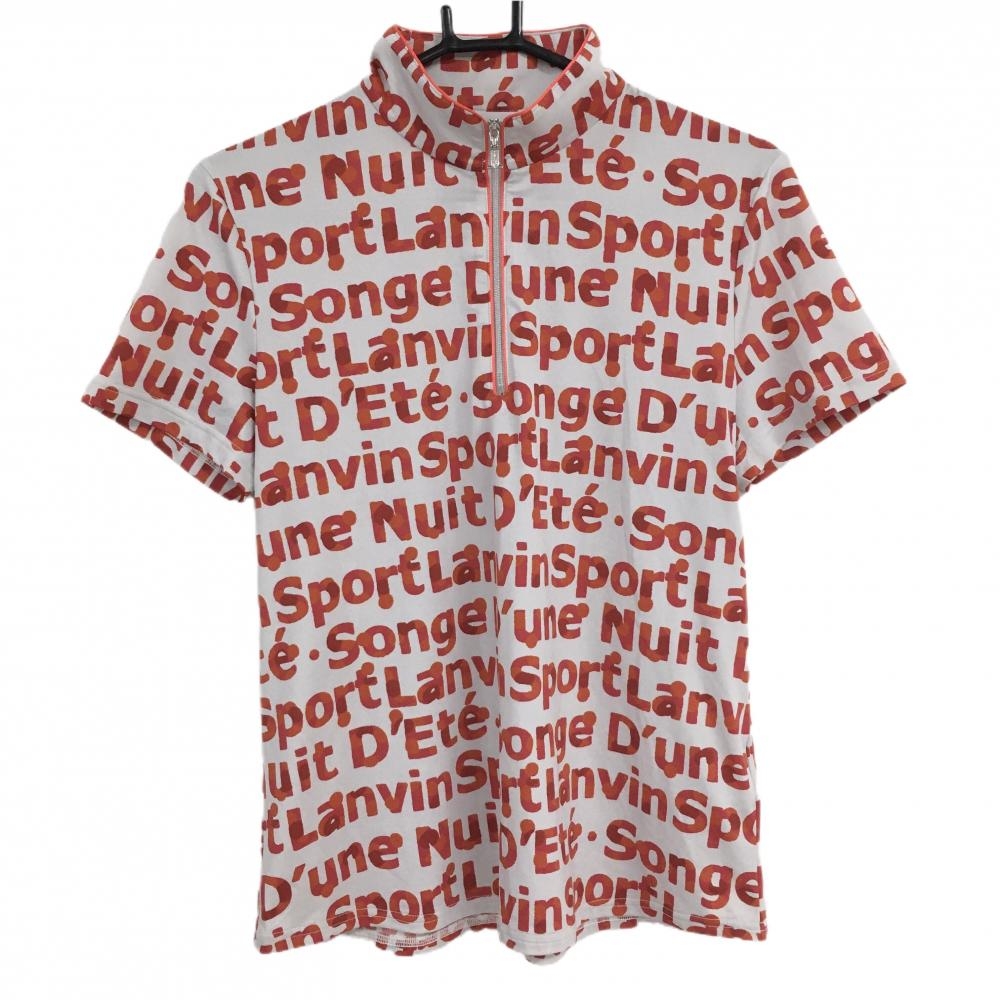 【超美品】ランバンスポール 半袖ハイネックシャツ ライトグレー×レッド ロゴ総柄 レディース 42(XL) ゴルフウェア LANVIN SPORT