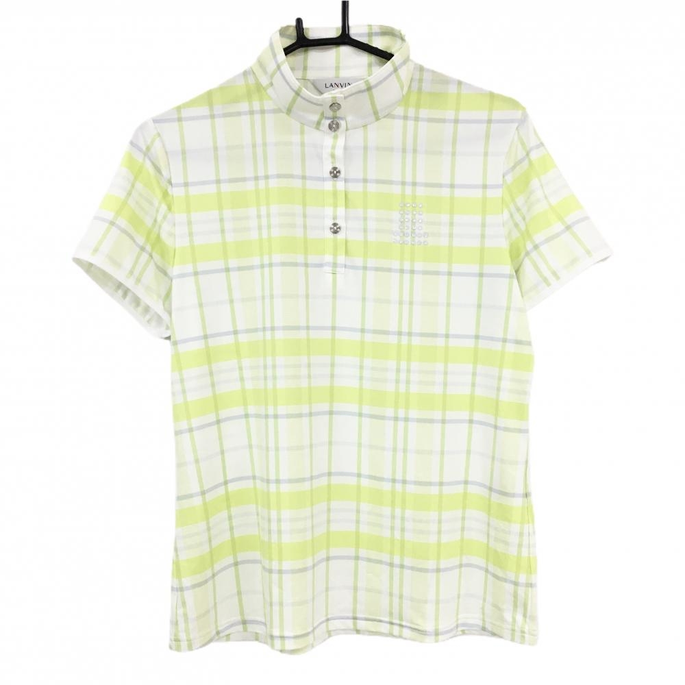 【超美品】ランバンスポール 半袖ハイネックシャツ 白×ライトグリーン チェック 前ボタン レディース 42(XL) ゴルフウェア LANVIN SPORT