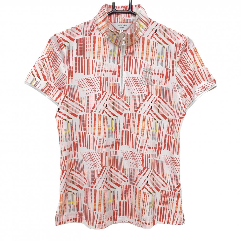 【美品】ランバンスポール 半袖ハイネックシャツ 白系×レッド 総柄 ハーフジップ レディース 38(M) ゴルフウェア LANVIN SPORT