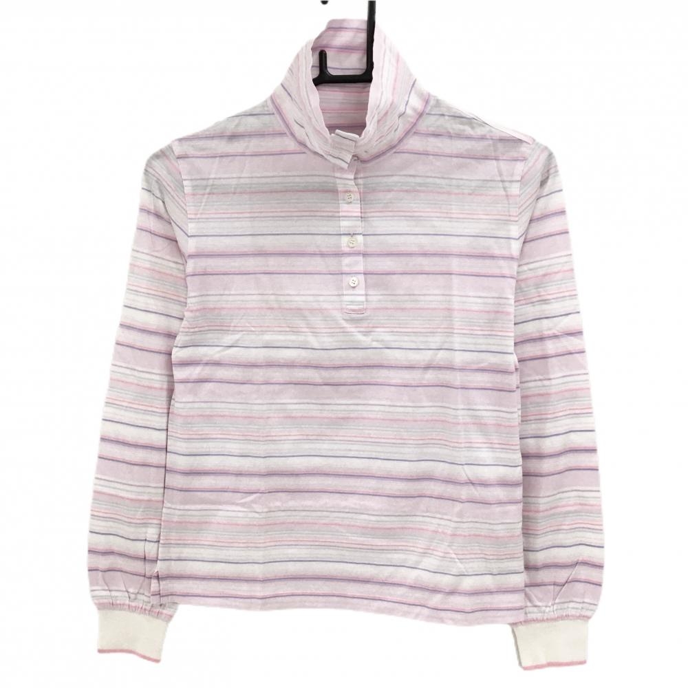 【美品】ランバンスポール 長袖ハイネックシャツ ライトピンク×白 ボーダー 綿100％  レディース 36(S) ゴルフウェア LANVIN SPORT