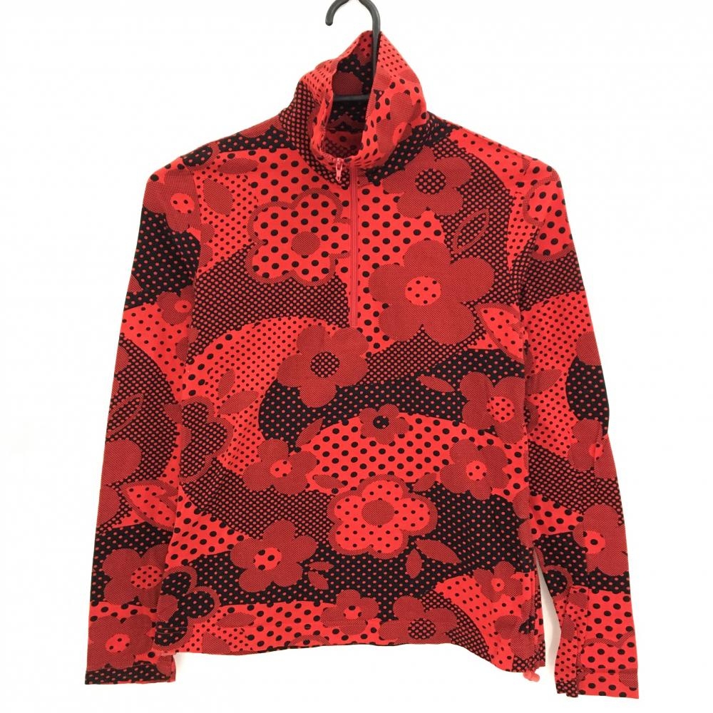 【超美品】ランバンスポール 長袖ハイネックシャツ レッド×黒 ドット 花柄 ハーフジップ レディース 36(S) ゴルフウェア LANVIN SPORT