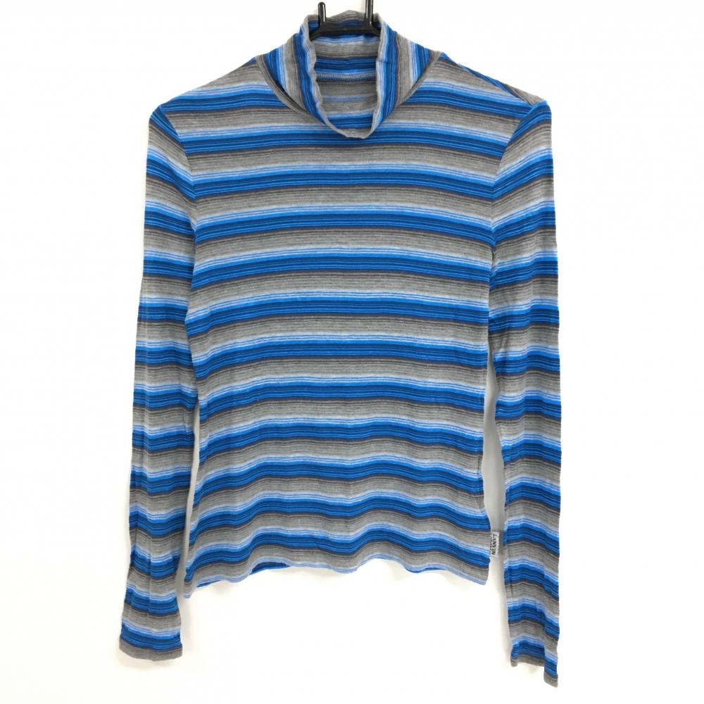 【美品】ランバンスポール 長袖ハイネックシャツ ブルー×グレー ボーダー 薄手 レーヨン混 レディース 38(M) ゴルフウェア LANVIN SPORT