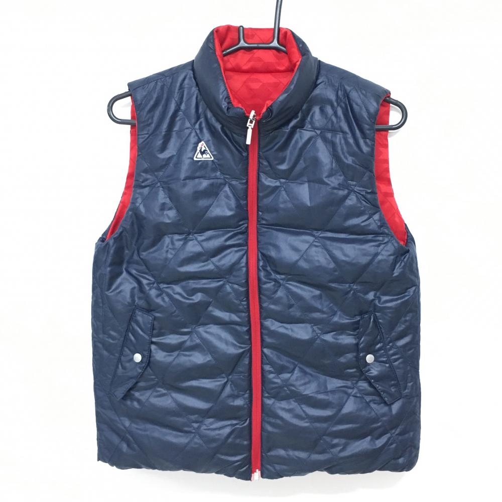 ルコック リバーシブルダウンベスト ネイビー×レッド キルティング調 裏千鳥格子風地模様 レディース L ゴルフウェア le coq sportif