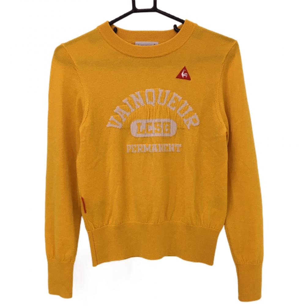 【超美品】ルコック セーター オレンジイエロー×白 ニット ウール100％ レディース M ゴルフウェア le coq sportif