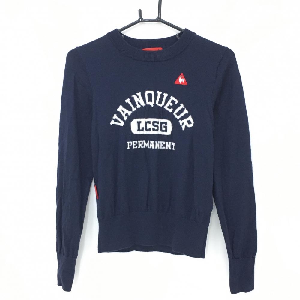 【美品】ルコック セーター ネイビー×白 ウール100% フロントロゴ ニット レディース L ゴルフウェア le coq sportif